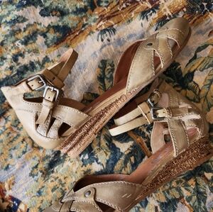 Khaki Green Leather Strappy Ballerina Wedges - Size 40